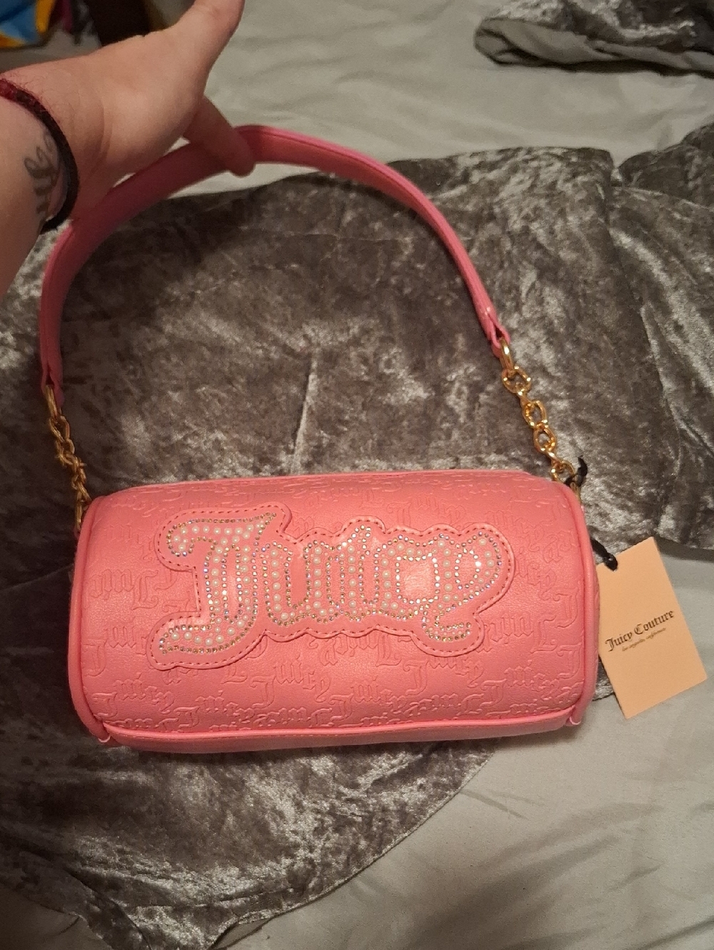 Juicy Couture Coral Pink Rhinestone Logo Shoulder Bag - Picture 1 of 10